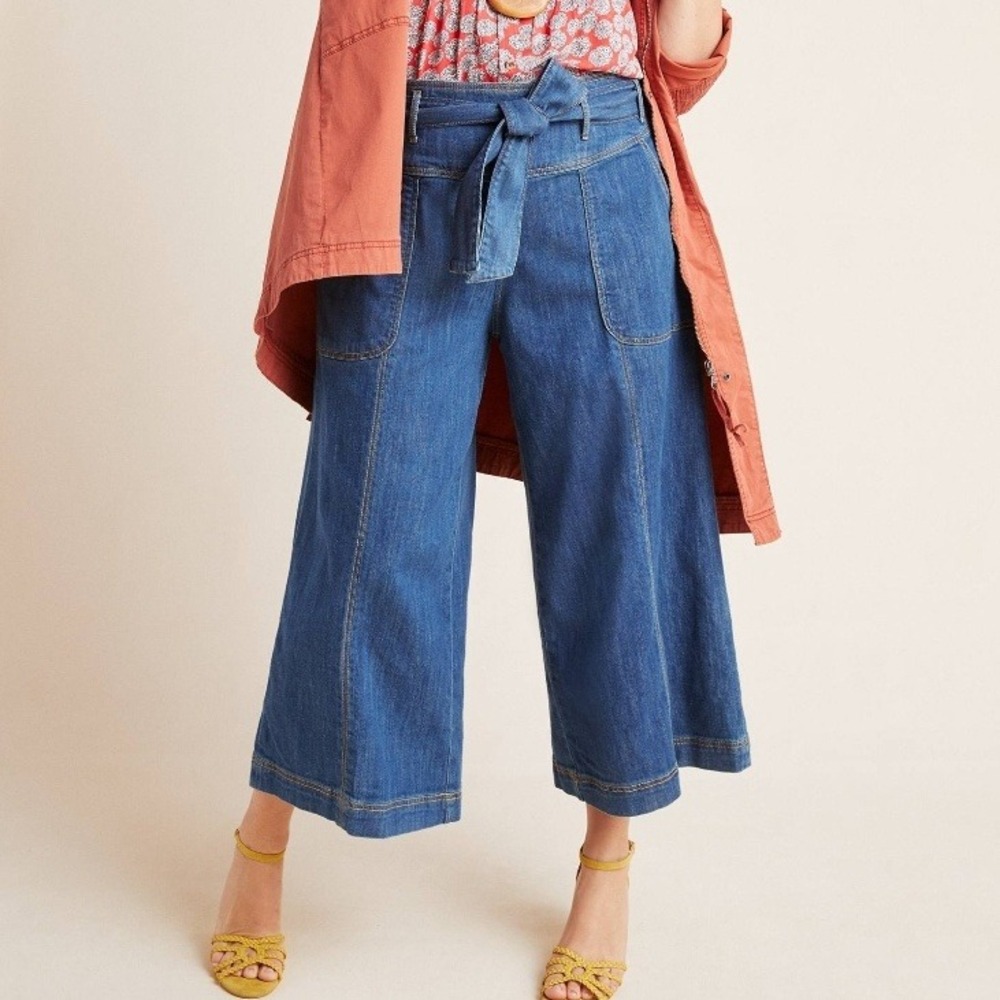 Pilcro Anthropologie Ultra High Rise Cropped‎ Wide Leg Belted Jeans Sz 32 Blue